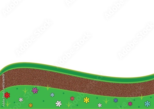 Background with colorful fertile landscape, fields and meadow. Meadow banner with flowers and topsoil, vector and jpg format with place for text.