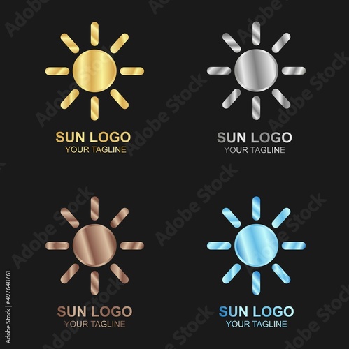 Vector set of luxury golden sun logo on black background, and also in color, silver, bronze and diamond