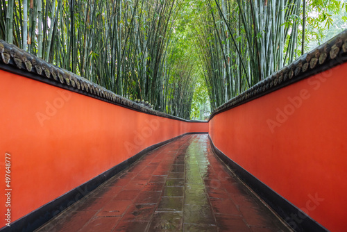 Passage between red walls surrounded by bamboos photo