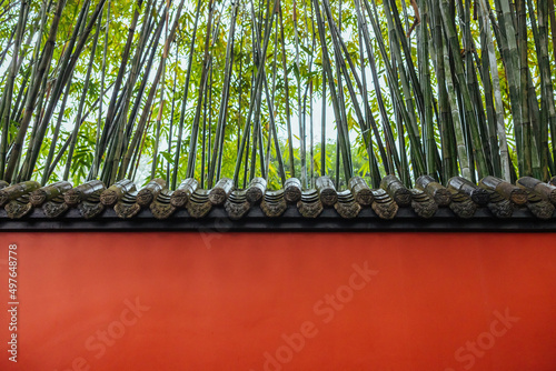 red wall with bamboos behind photo