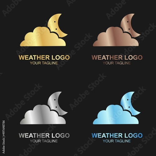 Vector set of luxury golden cloud and moon logo on black background, and also in color, silver, bronze and diamond