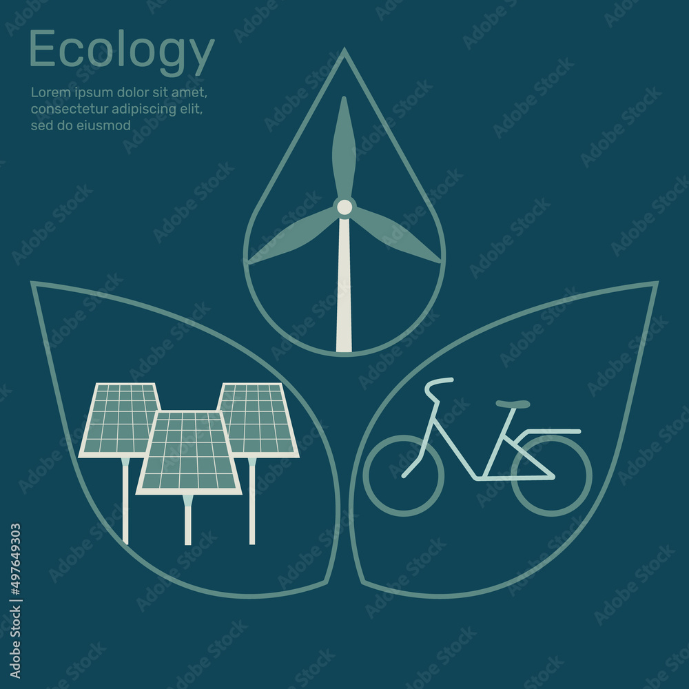Wind turbine in waterdrop shape, solar cell, bicycle in leaf, Life ecology concept nature conservation. Vector design illustration.