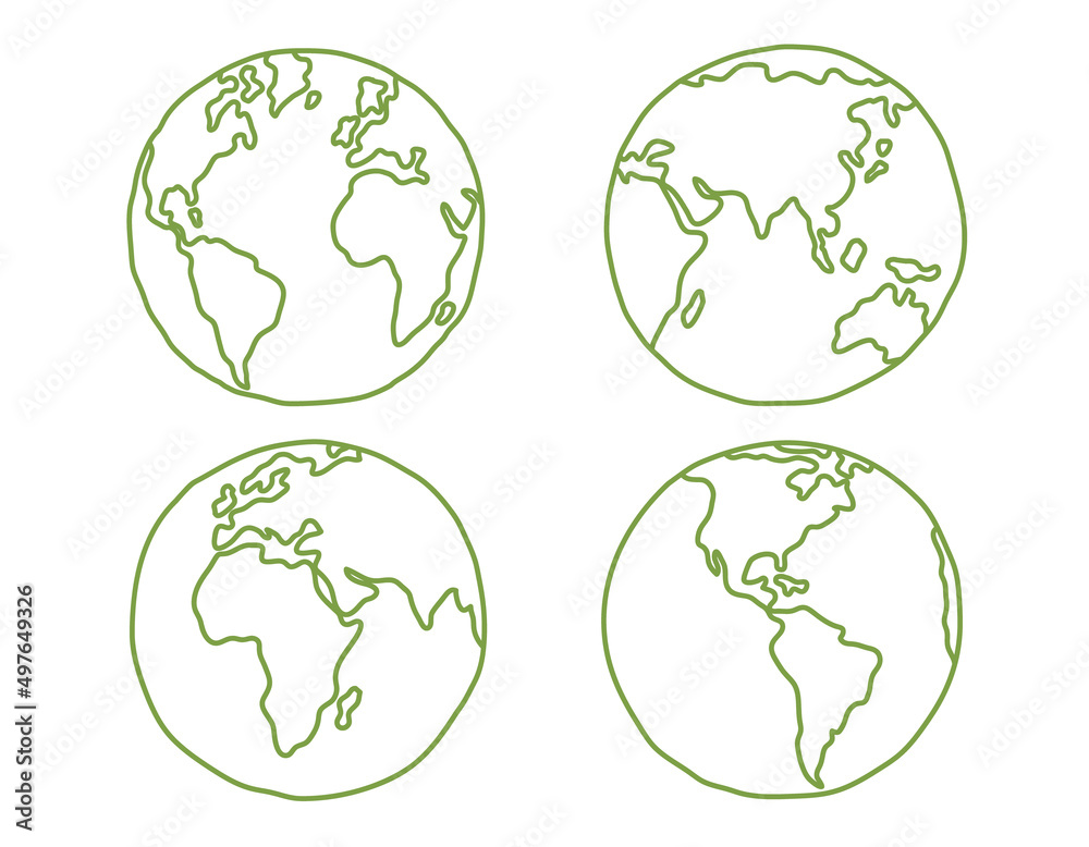 Set Line Globe isolated planet earth map hand draw on white background. Vector design illustration. Set Line Globe isolated planet earth map hand draw on white background. Vector design illustration.