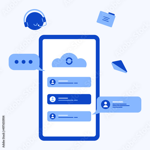 Cloud computing business flat illustration. technology networking, data storage, server database synchronize.
