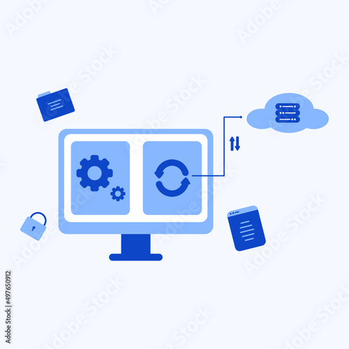 Cloud computing business flat illustration. technology networking, data storage, server database synchronize.