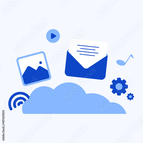 Cloud computing business flat illustration. technology networking, data storage, server database synchronize.