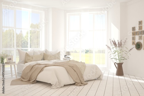 Soft color bedroom interior. Scandinavian design. 3D illustration