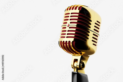 Golden metal retro microphone, classic metal microphone on a white background, close-up view. Live show, music recording, entertainment concept. 3d illustration
