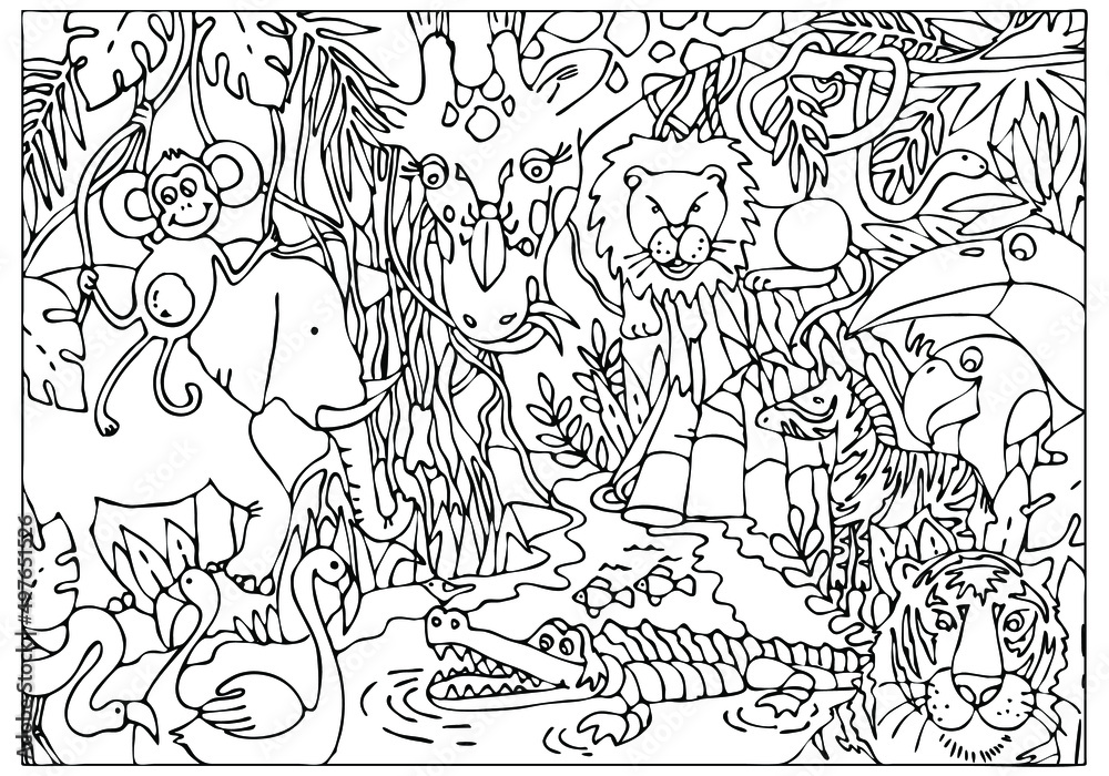 Coloring page with Animals of rainforest and jungle. Wild animals ...