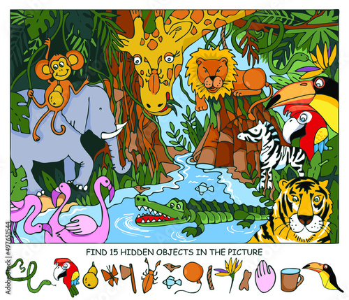 Animals in tropical jungle or rainforest. Find hidden 15 objects in picture. Puzzle game for kids. Education game for family celebration, school, party, magazines. Sketch Vector.