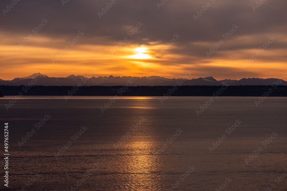 Sunrise over the cascade mountains and Puget Sound, Washington State