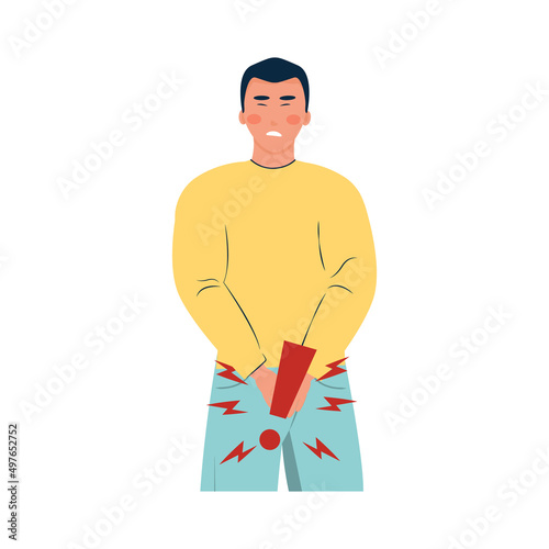 man with disease of genitourinary system. inflammation of prostate, pain. Bladder problems and urinary incontinence. Symptoms of prostatitis.  Isolated character. Vector illustration