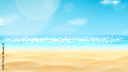 Realistic landscape of summer beach. Sea coast with sunny sky and clouds. Beautiful summer scene with blue sky and clouds. Empty sea with clear horizon. 3d vector illustration.