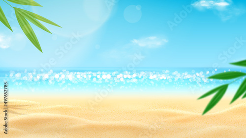 Fototapeta Naklejka Na Ścianę i Meble -  Realistic landscape of sunny beach. Sea coast with sunny sky and clouds. Beautiful summer scene with blue sky, clouds and tropical plants. Empty sea with clear horizon. 3d vector illustration.