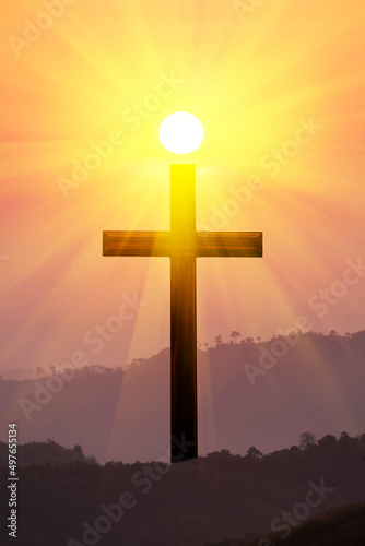 The concept of the Christian faith. cross, mountain and light