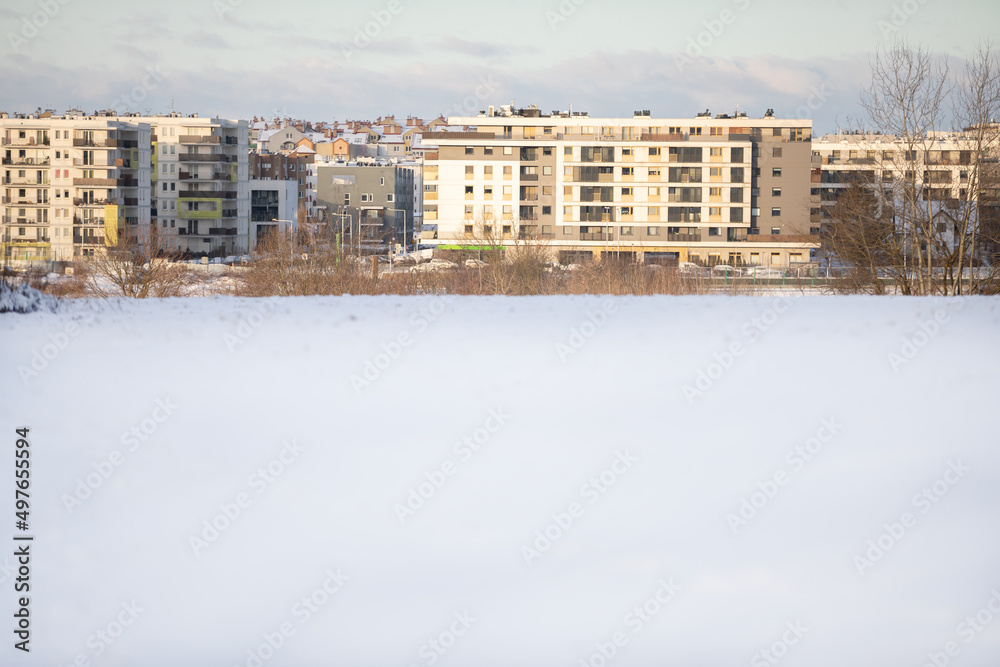 A winter panorama of Slawin district of Lublin in the morning.