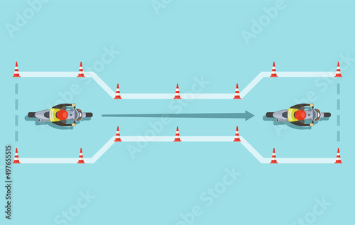 Safe motorcycle riding and traffic regulation rules. Straight line brake pracitce. Top view of a motorcycle riding. Flat vector illustration template.