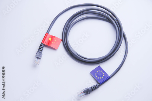 Internet cable with the flag of China and the European Union.