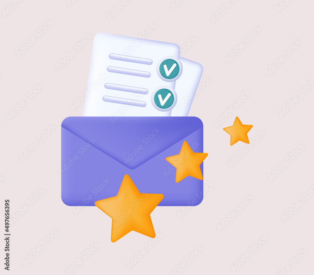 Envelope with message and successful result 3d. High skill, feedback, experience. High level of professionalism. Paper form of a document, message or letter with open envelope and a star. Vector