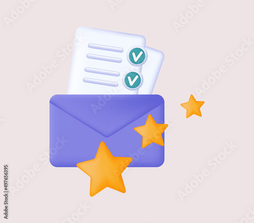 Envelope with message and successful result 3d. High skill, feedback, experience. High level of professionalism. Paper form of a document, message or letter with open envelope and a star. Vector