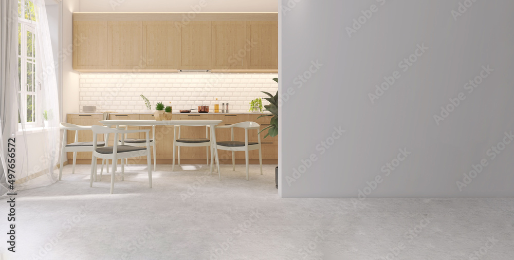 Φωτογραφία 3D interior design of a warm wooden beautiful kitchen cabinet build-in and family dining table by the window with blowing sheer curtains