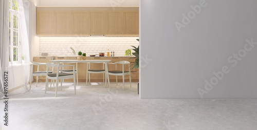 Obraz na plátně 3D interior design of a warm wooden beautiful kitchen cabinet build-in and family dining table by the window with blowing sheer curtains