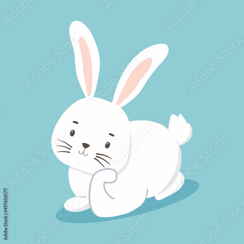Cute character white bunny lying and dreaming. Vector illustration of rabbit isolated on blue. Symbol new year 2023 and Easter