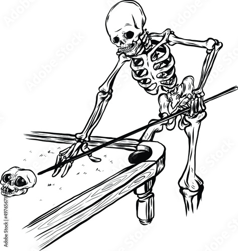 Skeleton playing a snooker with mini skull