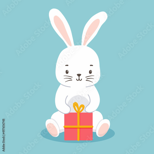 Cute character white bunny sitting with gift box. Vector illustration of rabbit isolated on blue. Symbol new year 2023 and Easter