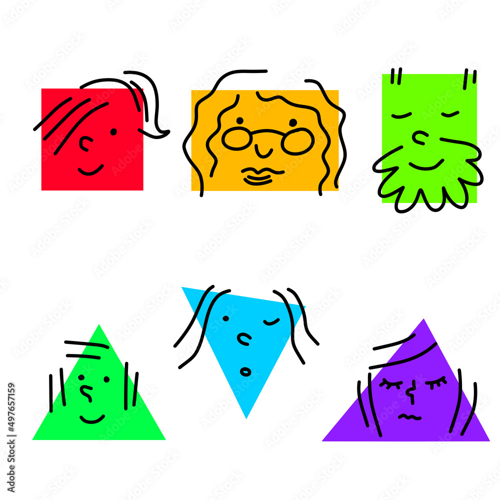 Set of Various bright basic Geometric Figures with face emotions. Different man and woman. Hand drawn trendy Vector illustration for kids. Cute funny square and triangle characters.