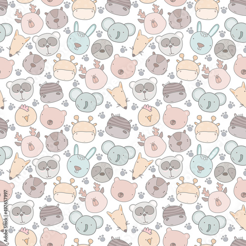 Baby seamless pattern with hand drawn animals. Seamless background with cute animals head. childish style great for fabric and textile, wallpapers, backgrounds.