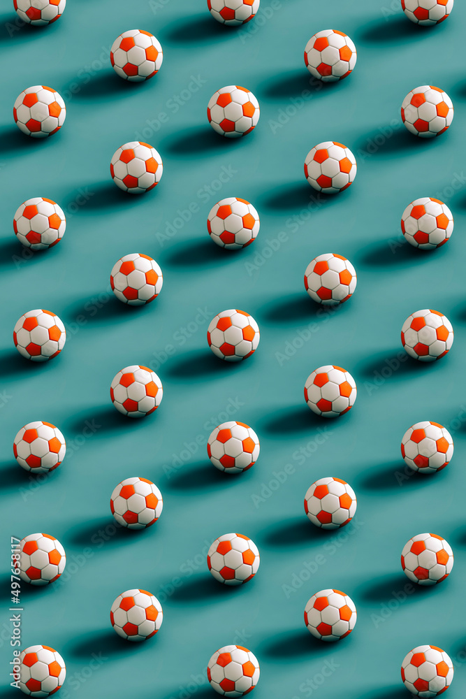 pattern of Soccer balls ona  blue background. 3d render