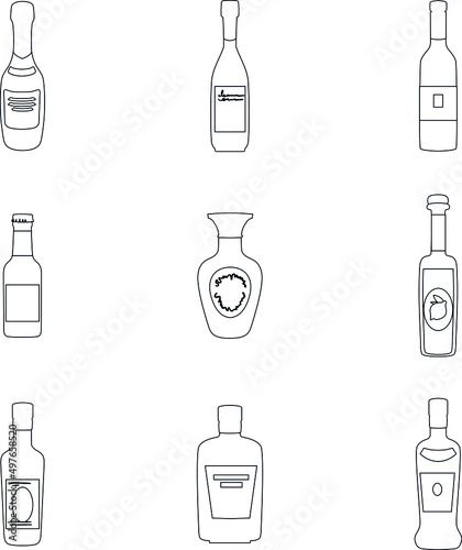 Bottles of alcoholic drinks icon vector outline collection set