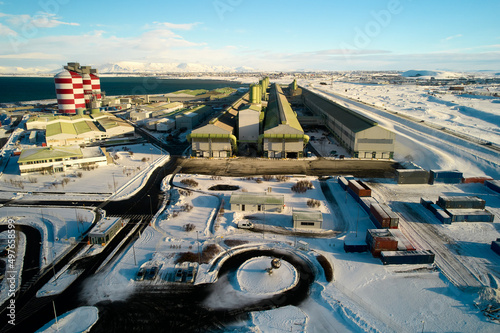 Aluminium smelter in Iceland uses renewable energy electricity, aerial photo