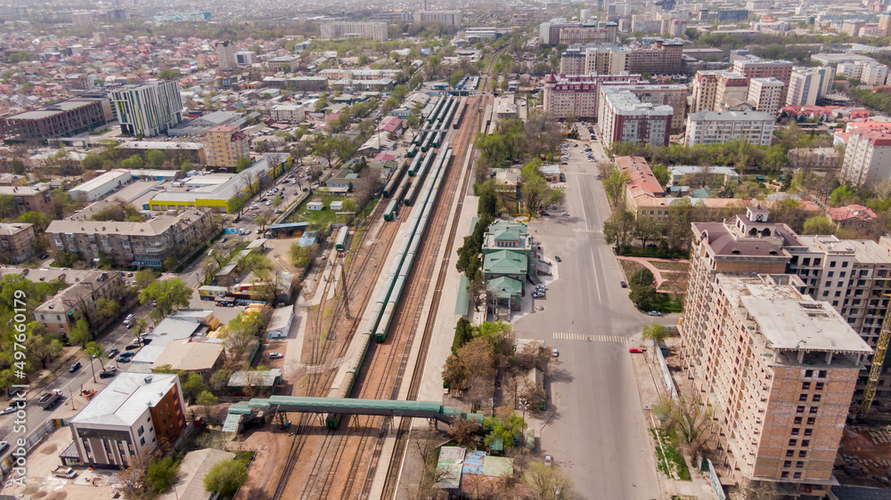 Aerial view of railroad station with railway carriages