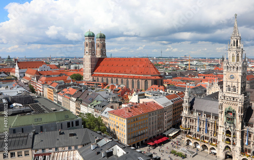 Munich in Germany city view from above with cathedral and main square