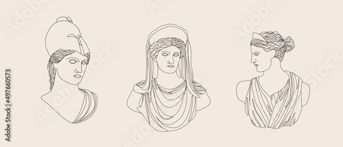 Ancient greek sculpture. Set of linear goddesses antique statues. Trendy vector illustration in one line drawing style. Hand drawn outline female silhouettes.