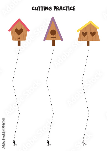 Cutting practice for children with cartoon birdhouses.
