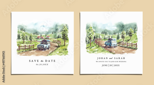 Watercolor wedding invitation set of nature landscape with road trip 