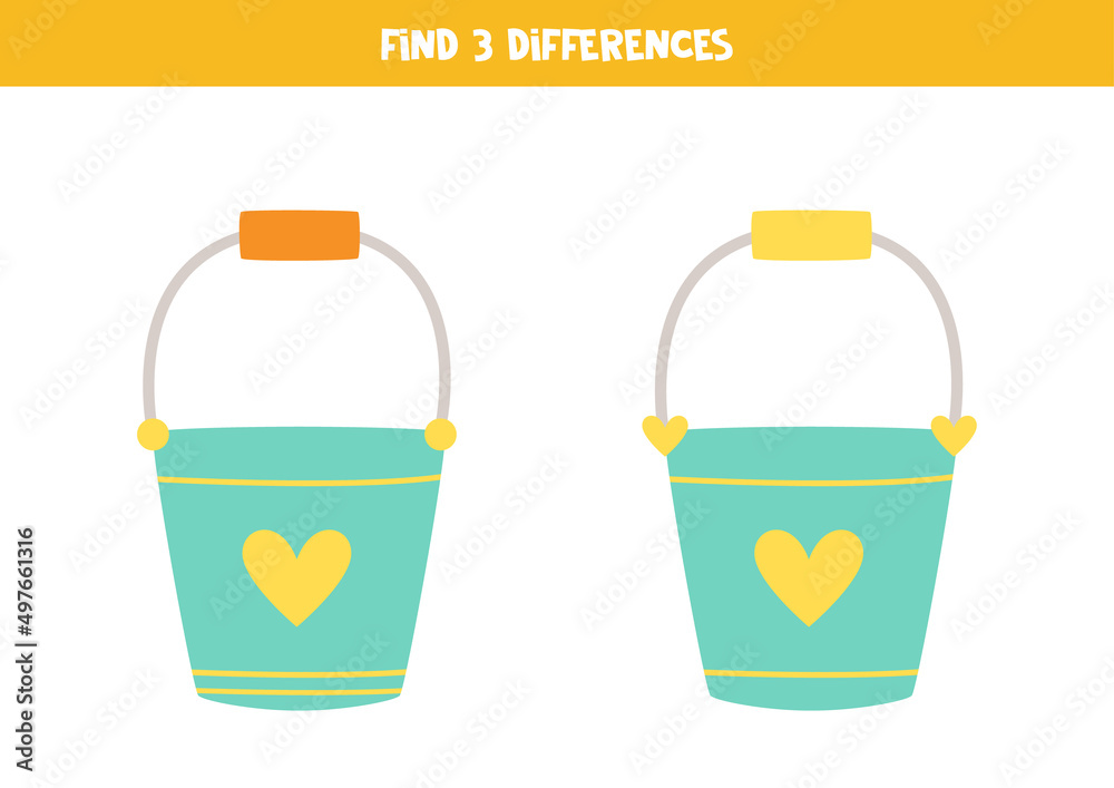 Find three differences between two cartoon buckets.