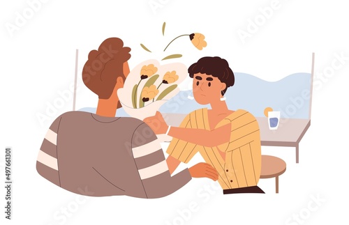Couple of man, woman at bad date. Angry female throwing flower bouquet to partners face. Quarrel, conflict, break in relationship. Failed dating. Flat vector illustration isolated on white background