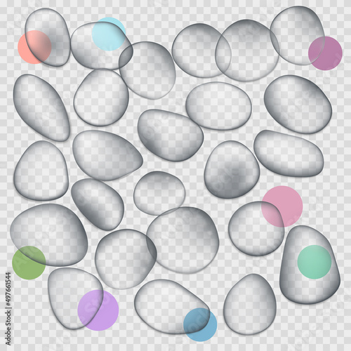 Blue water droplets. Water drops isolated. Vector illustration. Air bubbles, dynamic aqua motion, realistic misted glass, rain on window, wet surface, humid texture, condensation or dew