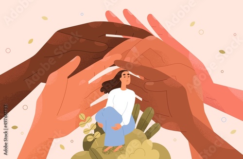 Psychology support for person concept. Hands helping, caring about womans mental health. Social aid, assistance, solidarity from charitable community, supportive society. Flat vector illustration