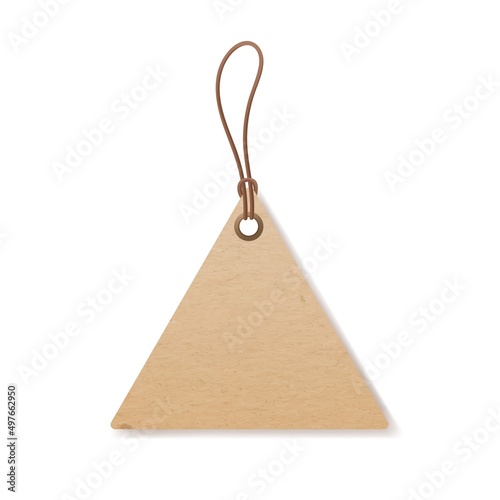 Kraft cardboard triangle label hanging on string. Craft paper tag on twine with loop. Blank carton beige badge on thread, rope with knot. Realistic vector illustration isolated on white background
