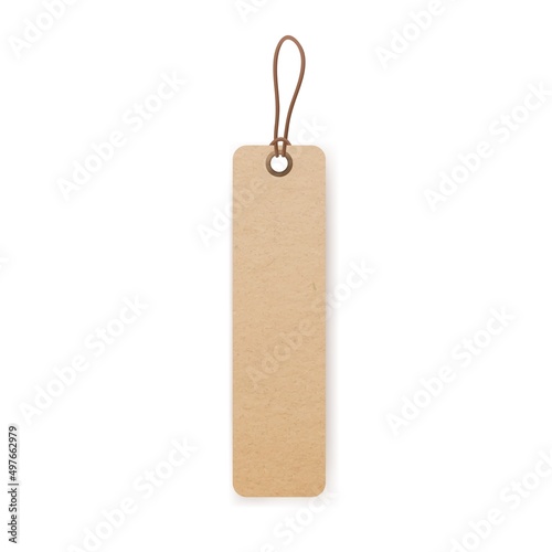 Kraft cardboard tag on string with loop. Craft paper label hanging on tied twine, cord. Blank carton badge mockup of long rectangle shape. Realistic vector illustration isolated on white background