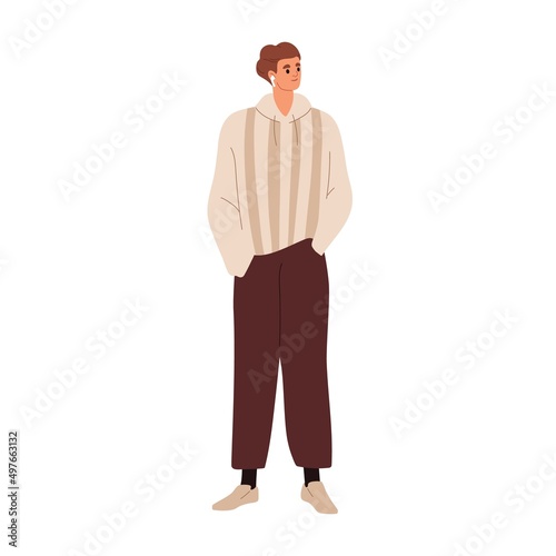 Happy man with earphones listening to positive music, audio. Young person with wireless earpods in ears standing, waiting with hands in pockets. Flat vector illustration isolated on white background