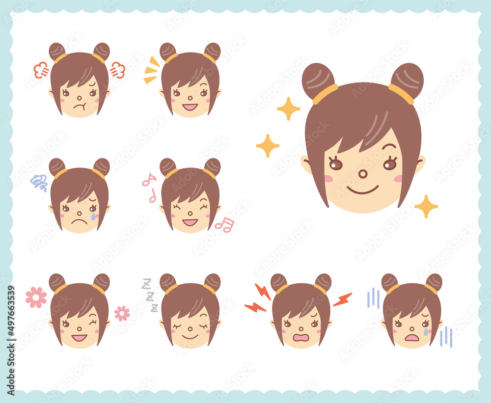 Obraz premium 女性の喜怒哀楽の感情 顔アイコン セット24