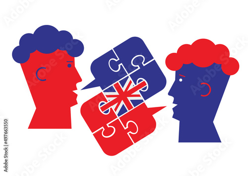

English language lesson dialog, male heads symbol.
Two students and Puzzle bubble talk with a British flag symbolizing English conversation. Isolated on white background. Vector available.