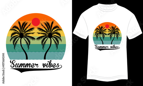 T-shirt Design Summer Vibes Beach Typography vector illustration and colorful design in white background.