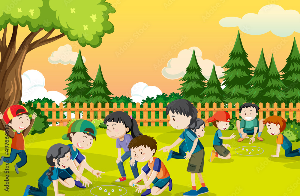 Obraz premium Outdoor park with children playing marbles